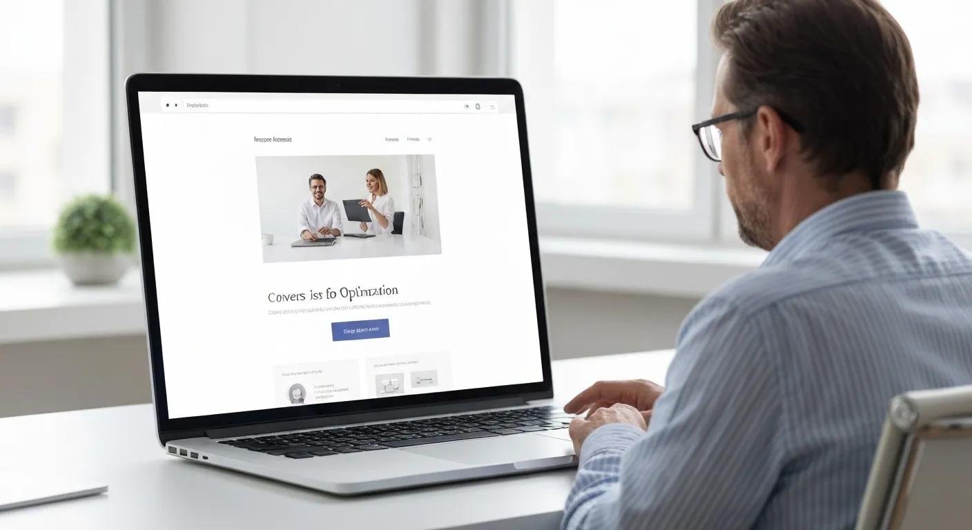 Modern business website interface on a laptop with a user interacting, highlighting conversion optimization